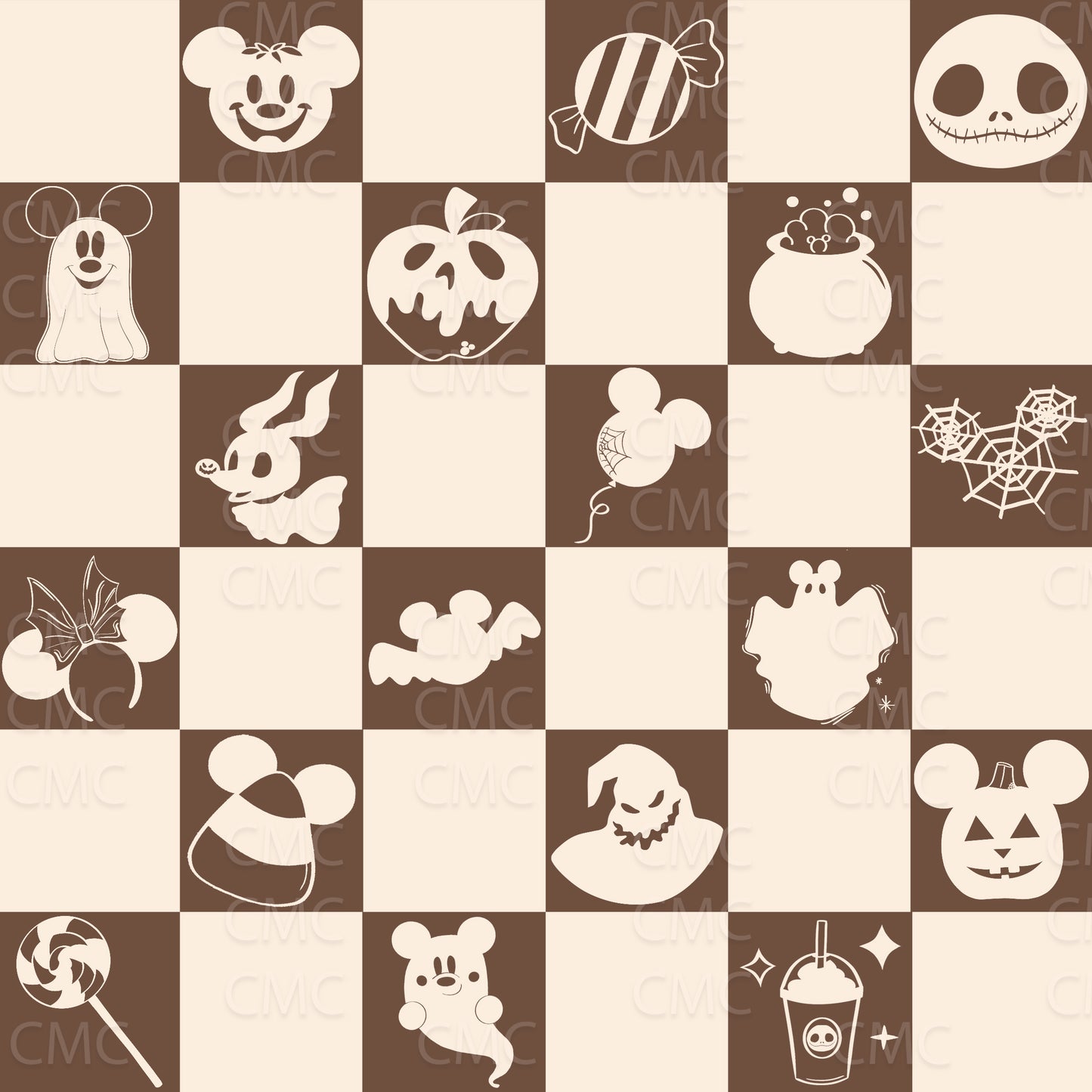 Halloween Magic Checkered Seamless Pattern - Cream on Med Brown
