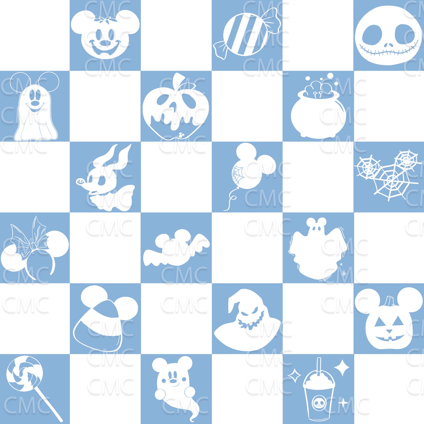 Halloween Magic Checkered Seamless Pattern - White on Blue