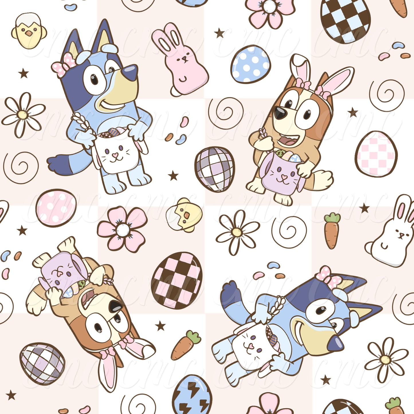 Magical Easter Pups Cream Checkered Seamless Pattern