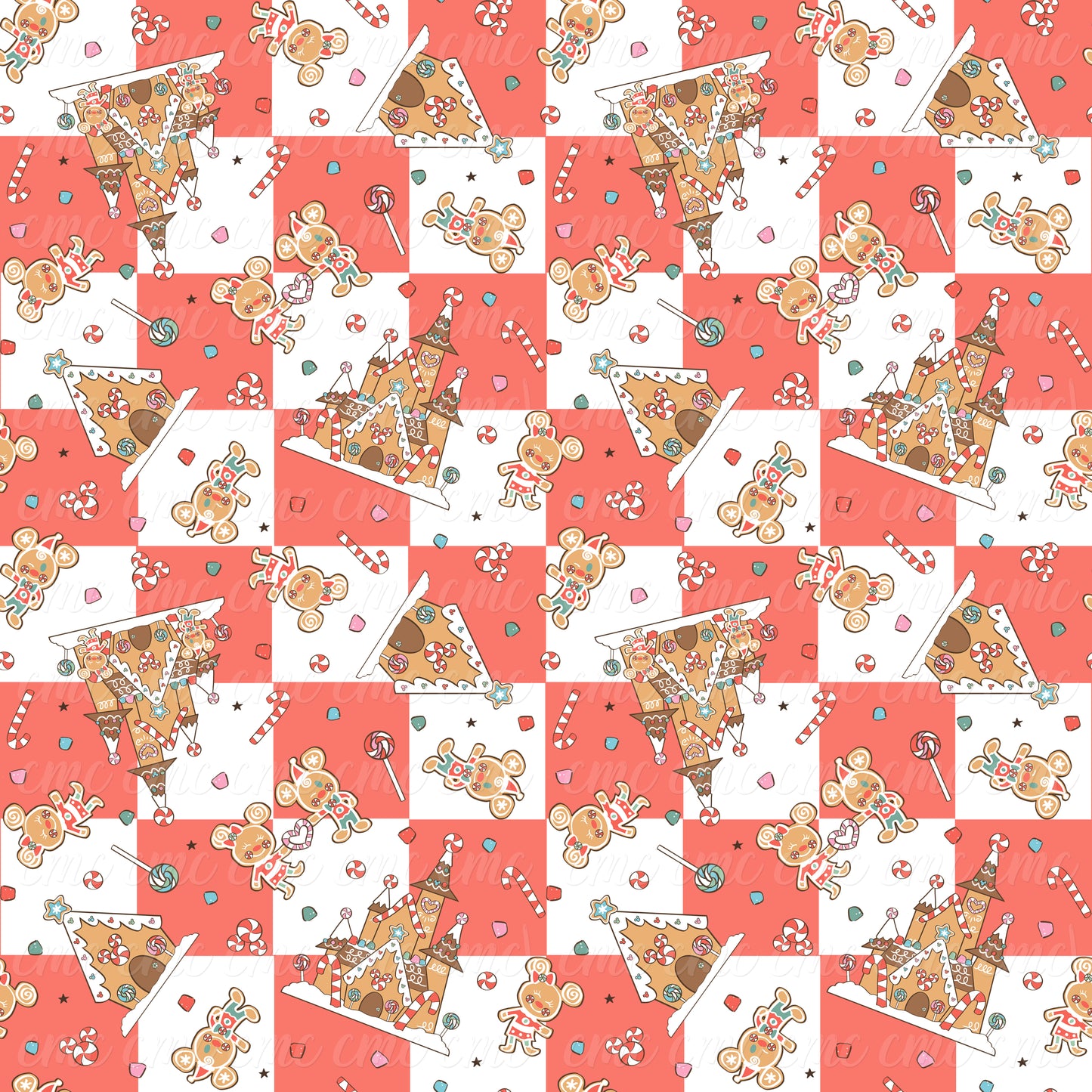 Magical Gingerbread Treats Red Checkered Seamless Pattern