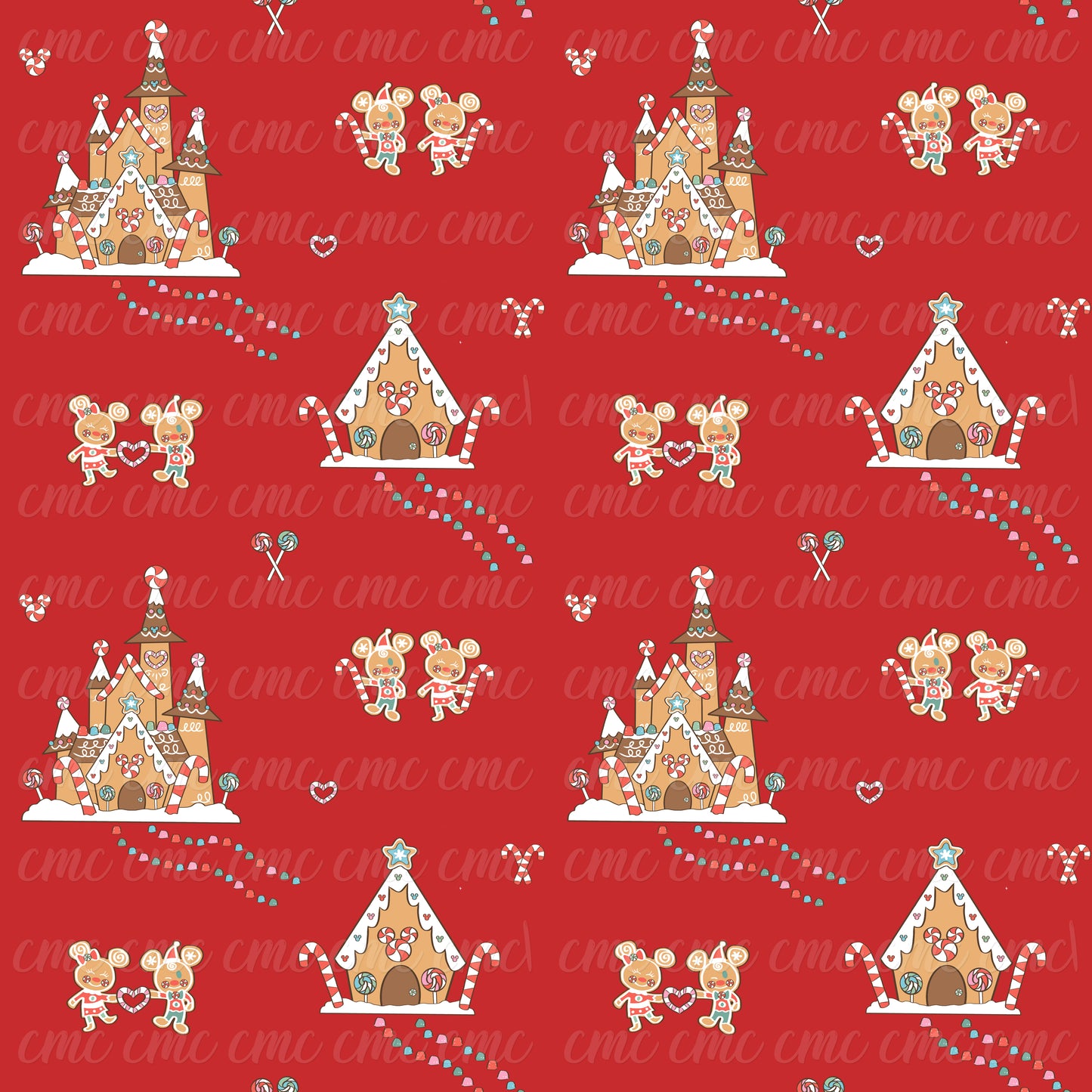 Magical Gingerbread Village Dark Red Seamless Pattern