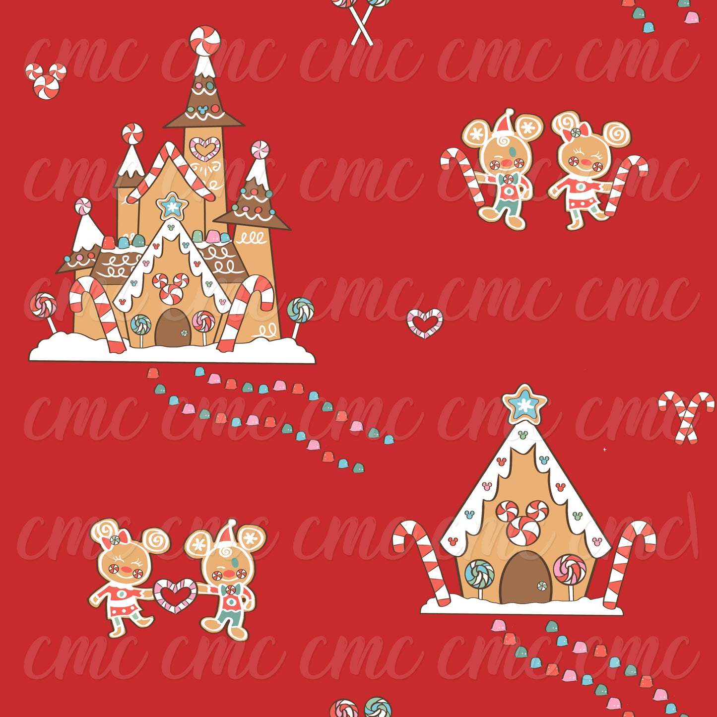 Magical Gingerbread Village Dark Red Seamless Pattern