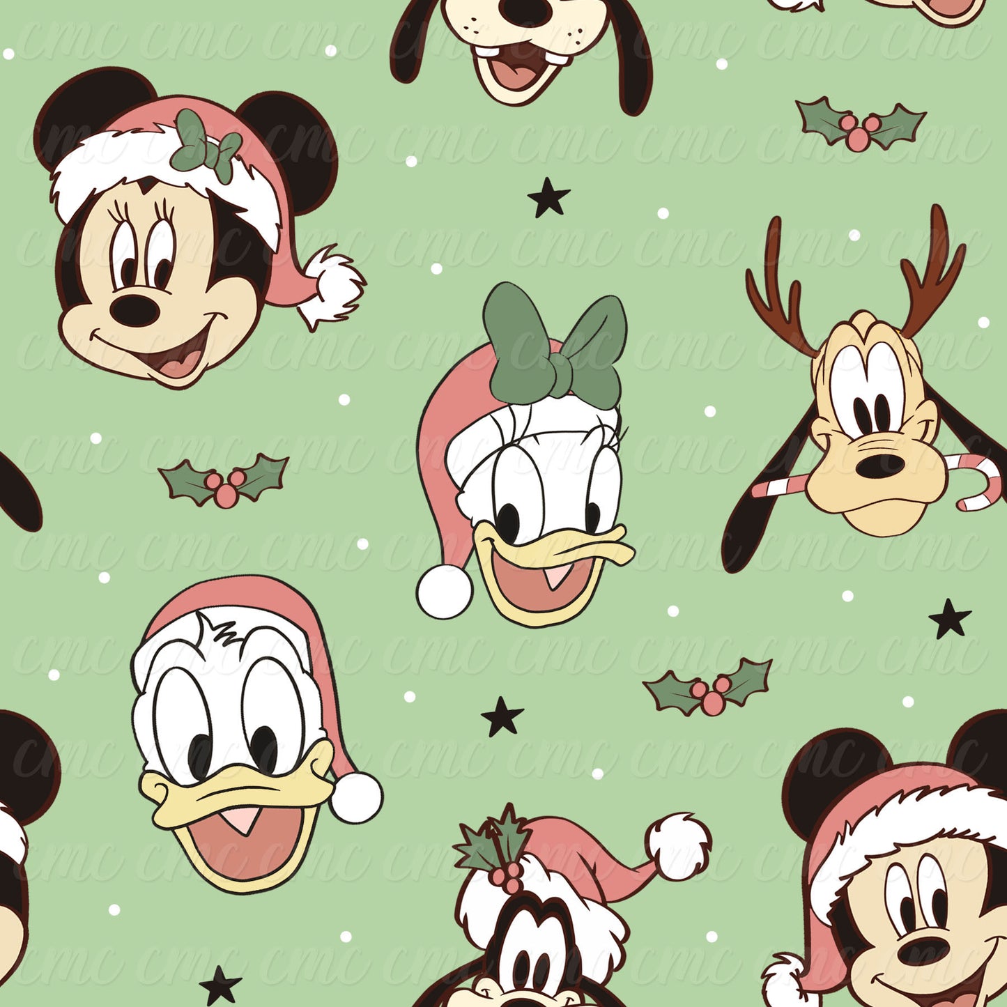 Magical Six Christmas Faces Green Seamless Pattern