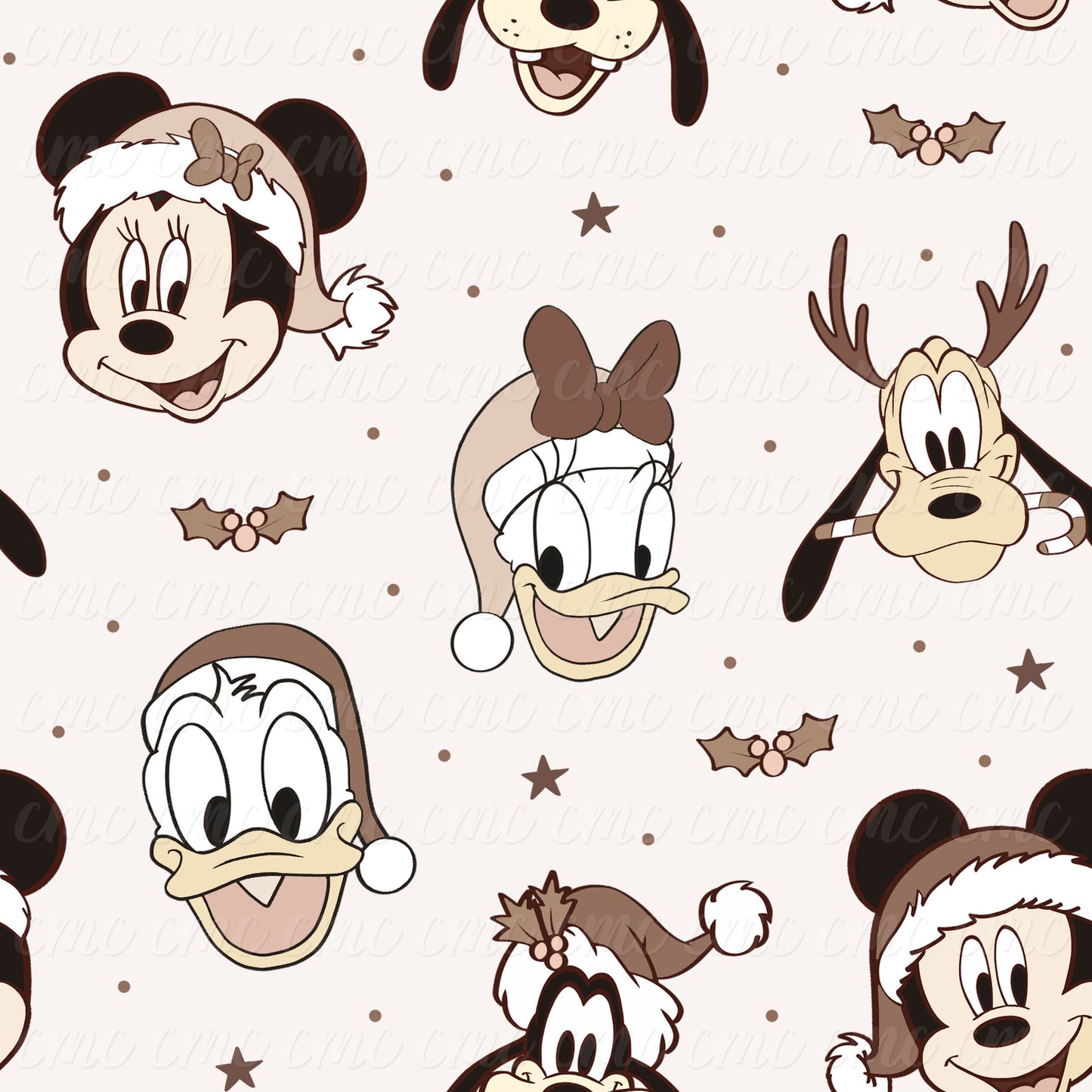 Magical Six Christmas Faces Neutral Vanilla Seamless Pattern