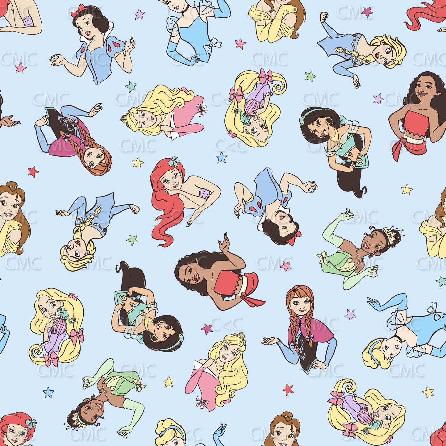 Princesses Bows Mix Stars on Lt Blue Seamless Pattern - Limited!