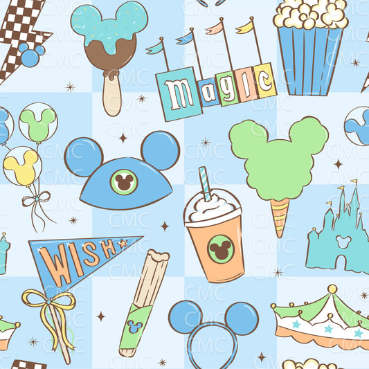 Best Day Ever Up - Boy w/brown on Blue Checkers Seamless Pattern