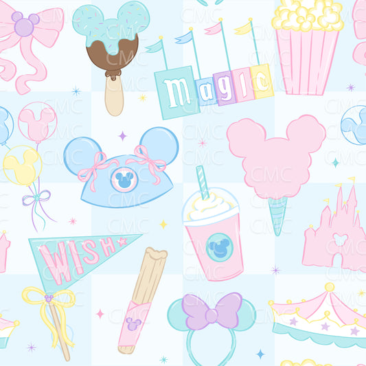 Best Day Ever Up - Girl Pastels on Blue Checkers Seamless Pattern