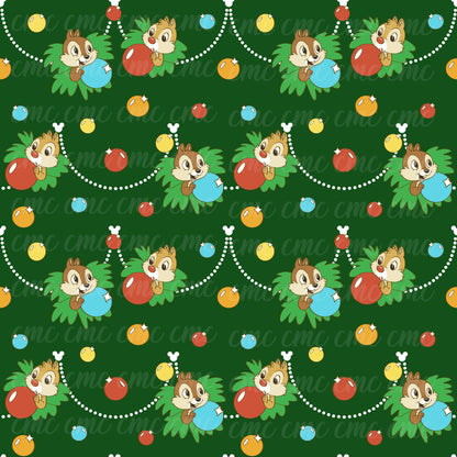 Chipmunks Christmas Tree Dark Green Seamless Pattern
