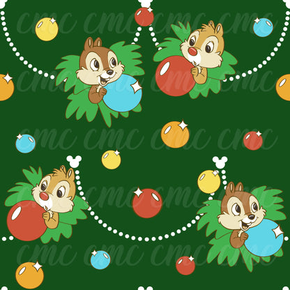 Chipmunks Christmas Tree Dark Green Seamless Pattern
