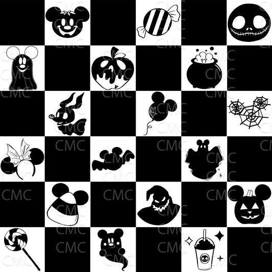 Halloween Magic Checkered Seamless Pattern - Black on White