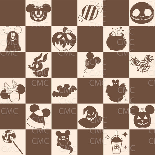 Halloween Magic Checkered Seamless Pattern - Brown on Cream