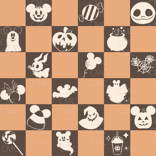 Halloween Magic Checkered Seamless Pattern - Cream on Orange & Brown