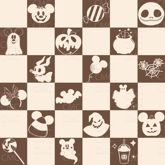 Halloween Magic Checkered Seamless Pattern - Cream on Med Brown