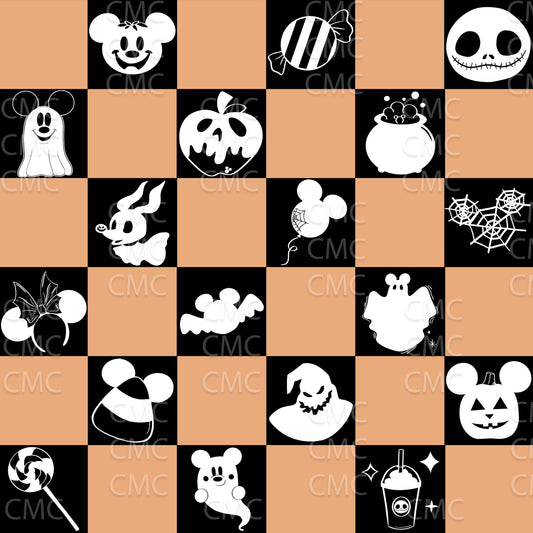 Halloween Magic Checkered Seamless Pattern - White on Orange & Black