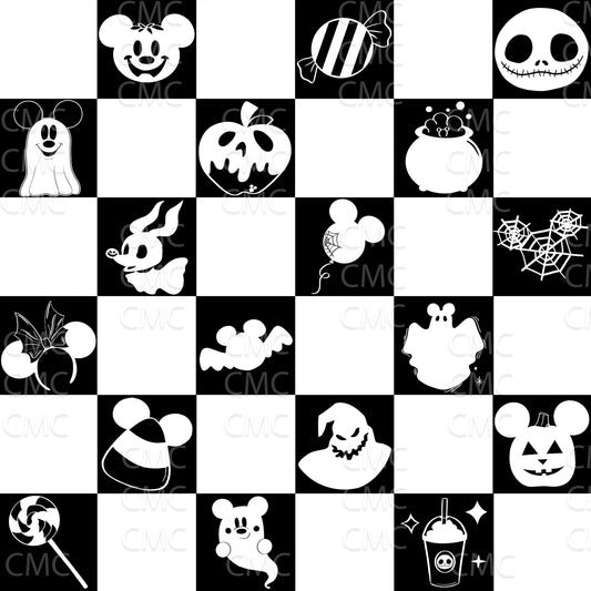 Halloween Magic Checkered Seamless Pattern - White on Black