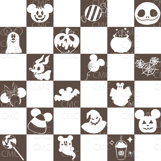 Halloween Magic Checkered Seamless Pattern - White on Dark Brown