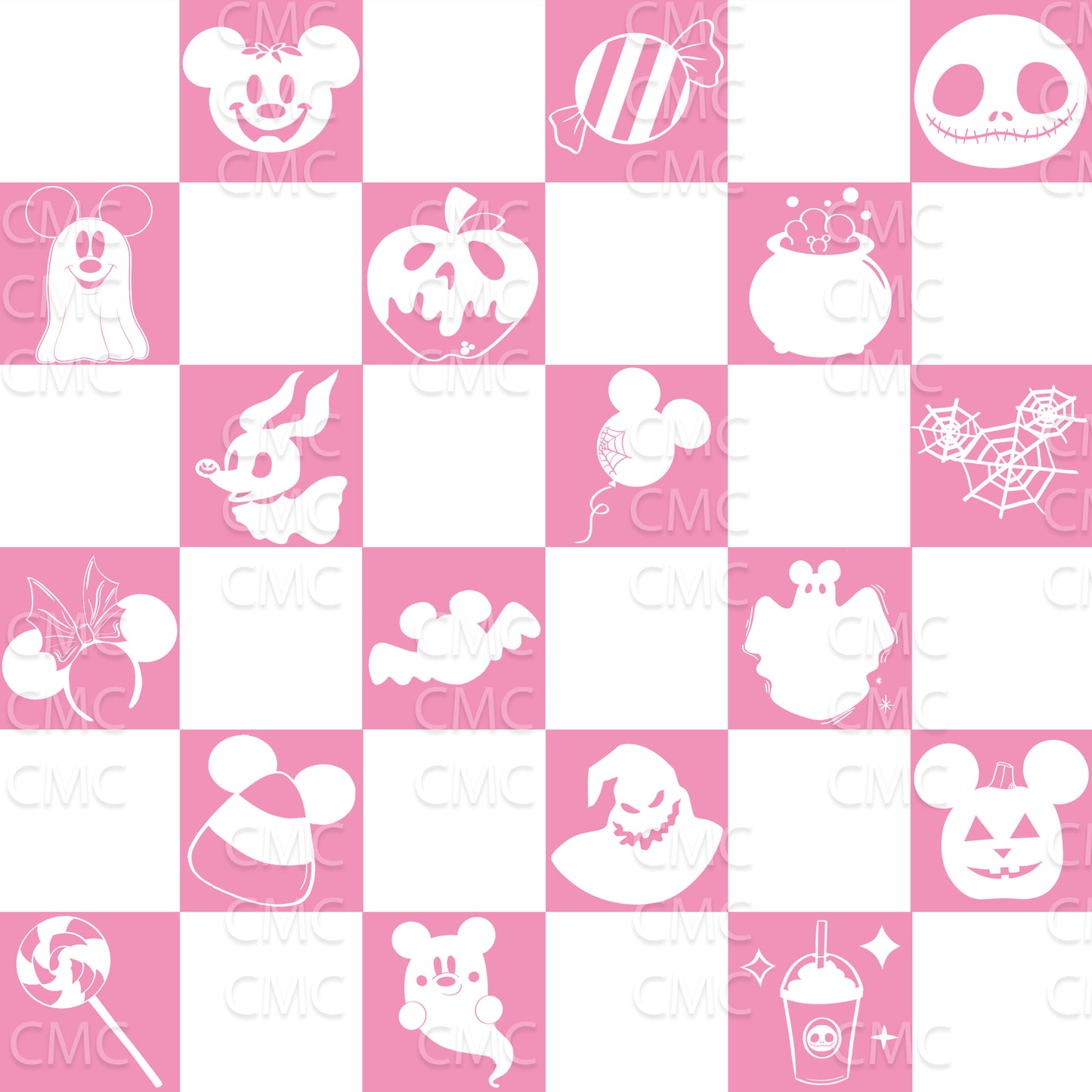 Halloween Magic Checkered Seamless Pattern - White on Pink
