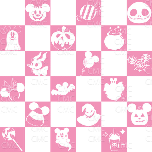 Halloween Magic Checkered Seamless Pattern - White on Pink