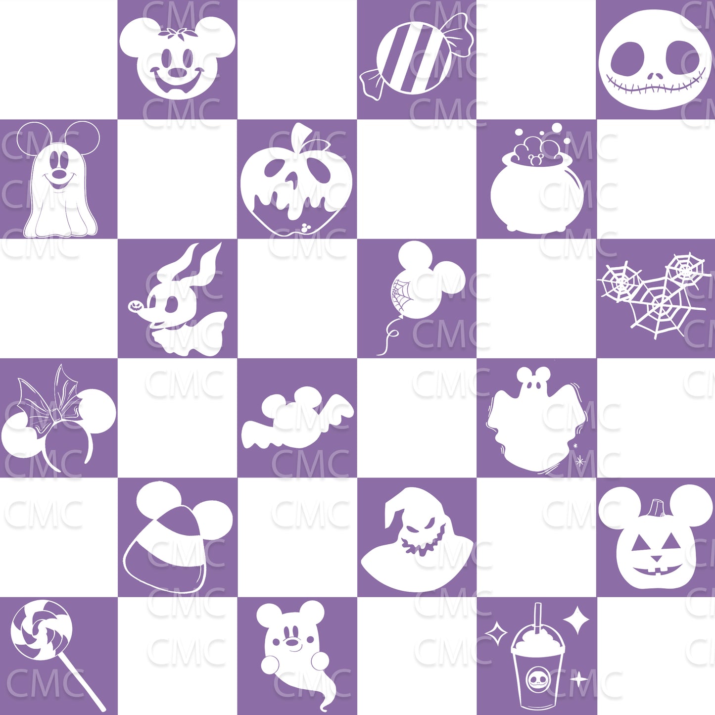 Halloween Magic Checkered Seamless Pattern - White on Purple