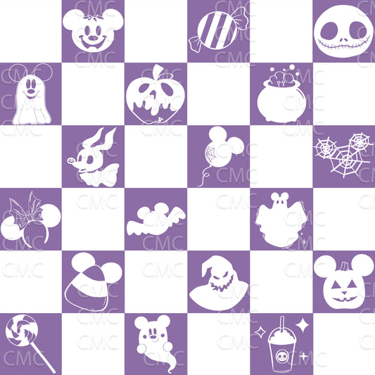 Halloween Magic Checkered Seamless Pattern - White on Purple