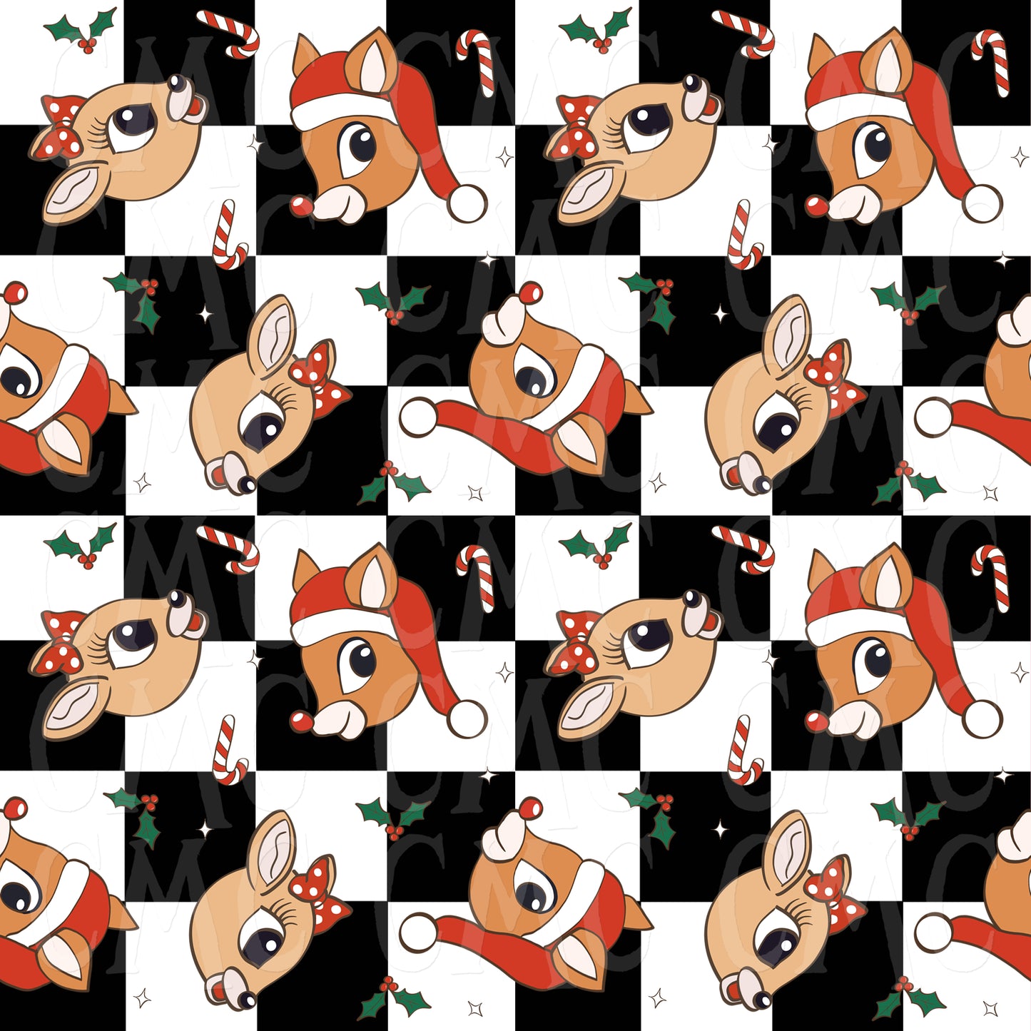 Holiday Deer Faces Checkered Seamless Pattern