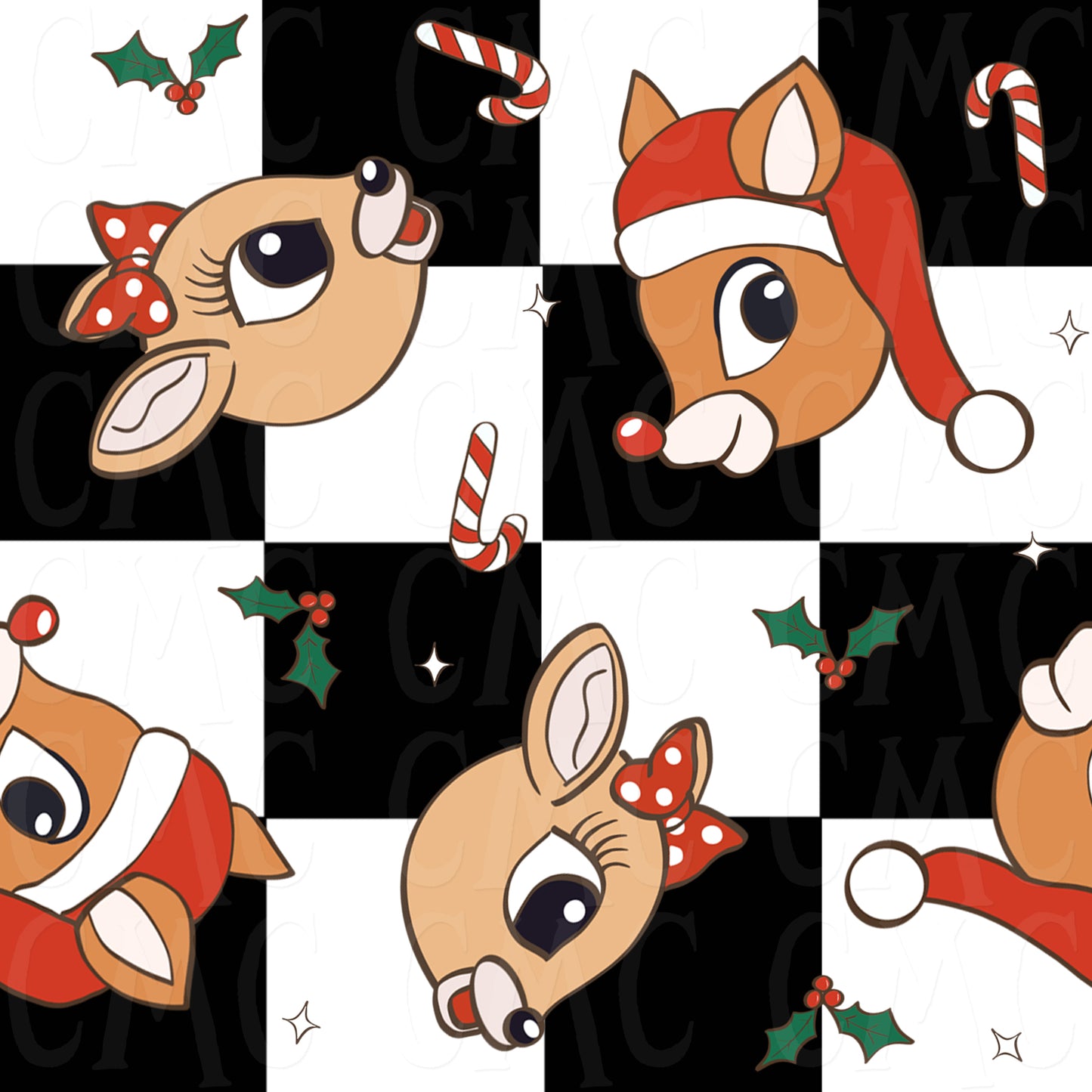 Holiday Deer Faces Checkered Seamless Pattern