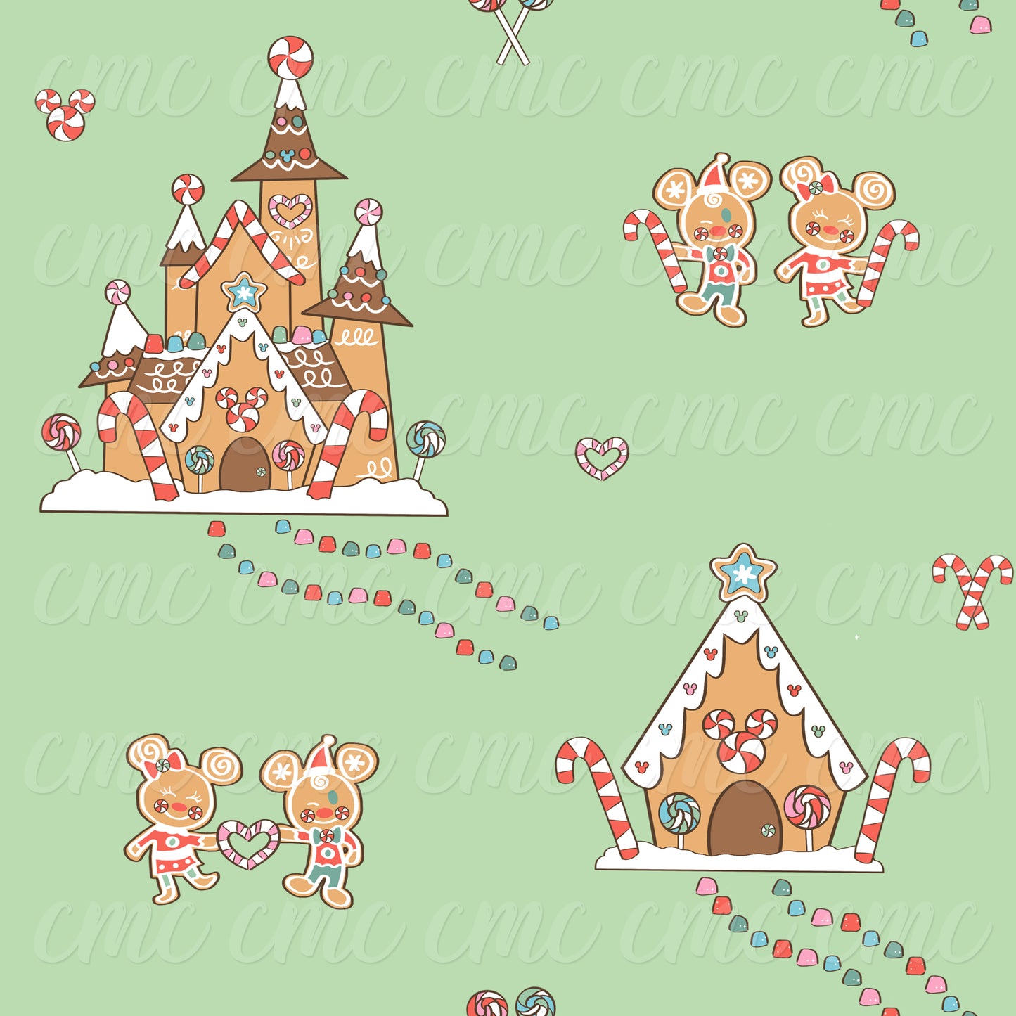 Magical Gingerbread Village Green Seamless Pattern