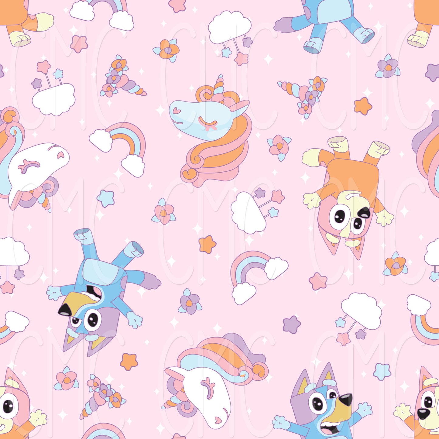 Mystical Puppies Pink Stars Seamless Pattern